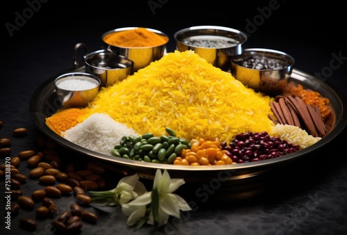 Variety of Indian spices and herbs in a bowl on dark background