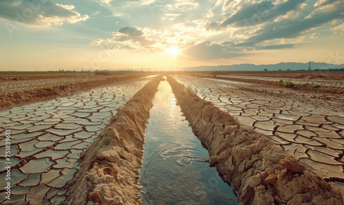 sunset over dry cracked earth of an agricultural canal in a drought stricken area