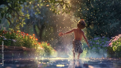 carefree child playing in rain photo