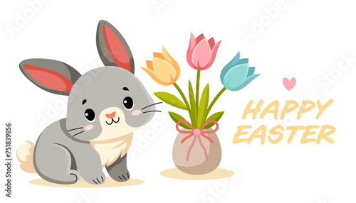 Rabbit sits next to a vase of tulips. Happy Easter Celebration.Traditional design element for Christian holiday. Vector illustration isolated on white background for banner, card, website, poster.