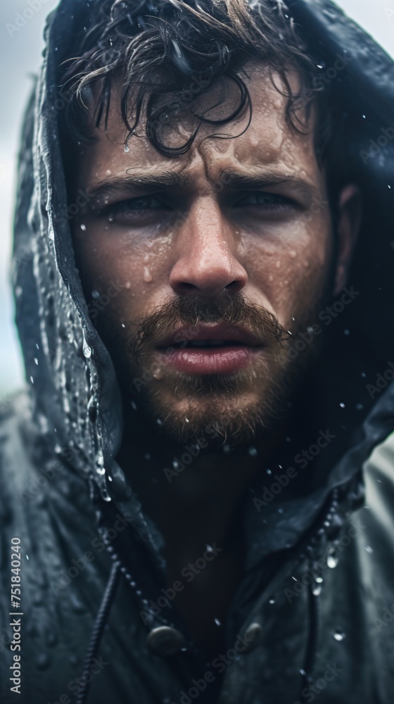Rain-Soaked Man With Intense Gaze Under a Cloudy Sky Rain-Soaked Man With Intense Gaze Under a Cloudy Sky