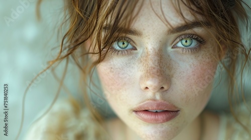 Close-Up Portrait of a Young Woman Amidst Soft White Flowers on a Sunny Day