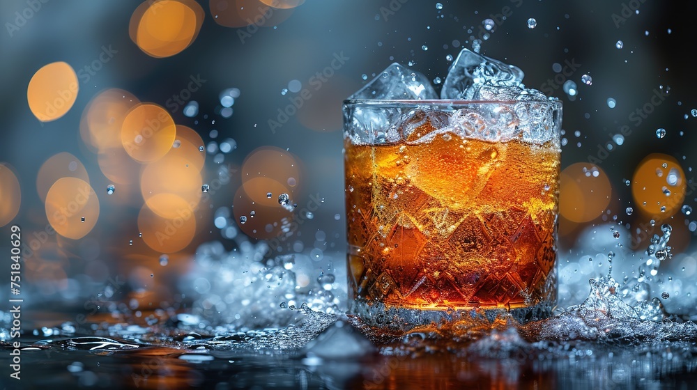 Glass of cola drink on bar counter with ice cubes and splash Glass of cola drink on bar counter with ice cubes and splash