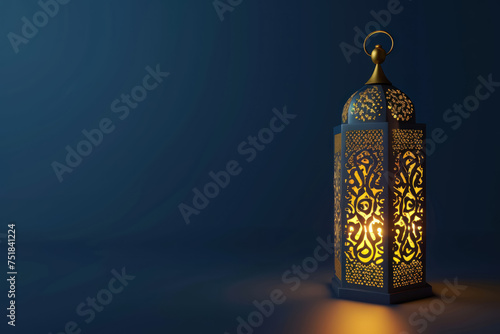 traditional lantern with a lit candle inside casting a warm glow on a dark background, free space for text 