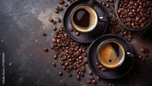 two black cups with coffee and coffee beans on dark stone background top view copy space © Deanne