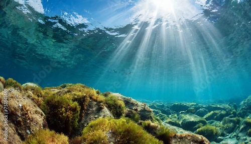 underwater sunlight through the water surface seen from a rocky seabed with algae