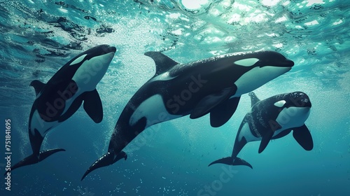 Pod of Orcas Gliding Gracefully Underwater in Sunlit Ocean Waters