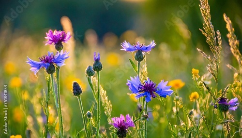 beautiful wildflowers on a green meadow warm summer evening
