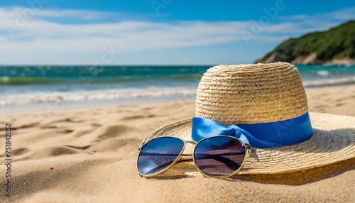 straw hat with a blue ribbon and sunglasses resting on the sand at a breezy beach
