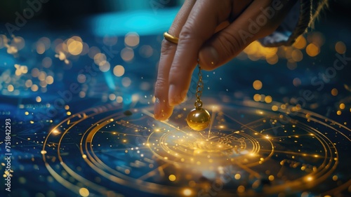 Finger pointing to a pendulum over astrological chart with magical glow