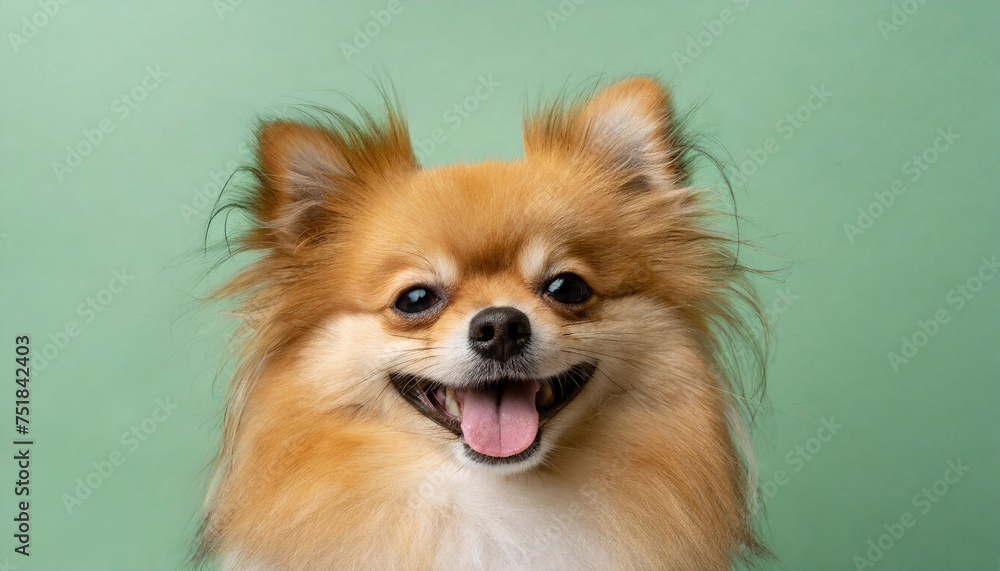 happy pomeranian dog smiling and closing an eye isolated on green pastel background