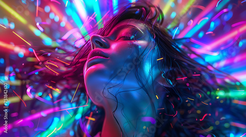 a woman with her eyes closed and her hair in the air, with a colorful background of lights behind her