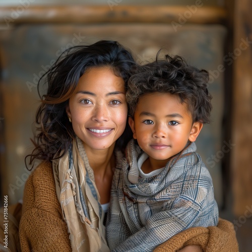 Image of an Asian mother hugging her son in her arms with love, portrait photo, warm for the winter, generative AI