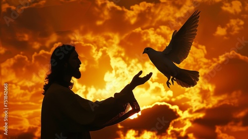 Silhouette of Jesus Christ releasing a dove during a peace ceremony.