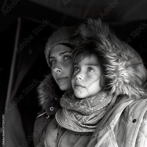 Beautiful mother with her son, wearing very warm eskimo clothes for the cold winter, portrait photo, generative AI