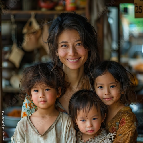 Photograph portrait of Asian mother hugging her three children at home, happy smiling, generative AI