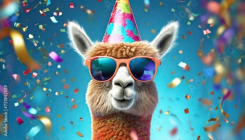 happy birthday carnival new year s eve sylvester or other festive celebration funny animals card alpaca with party hat and sunglasses on blue background with confetti
