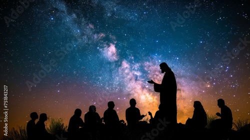 Silhouette of Jesus Christ with disciples, sharing wisdom under the stars.