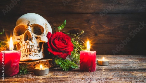 dark moody baroque background with skull flowers candles and ornaments for halloween day of the dead santa muerte and all souls day photo