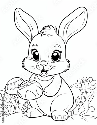 Cute Easter Bunny Coloring Page with Flowers and Eggs © Miva