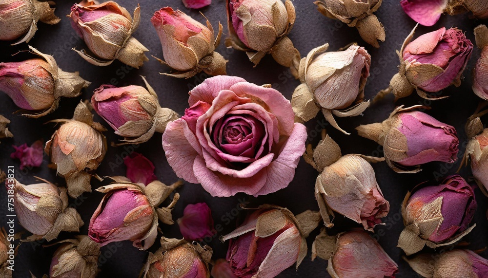 group of small pink dried dry rose buds and petals as used in perfumery for cosmetics or as an decorative element isolated flat lay top view