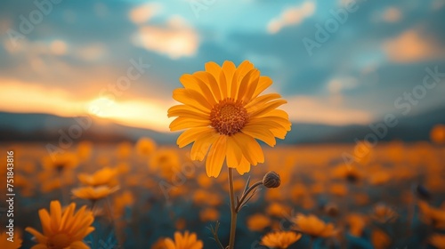 Lone Daisy Standing in Field at Sunset