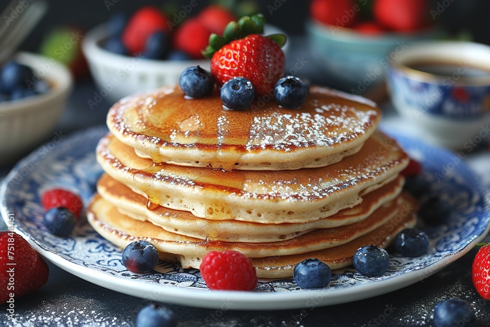Close-up delicious pancakes, with fresh blueberries, strawberries and maple syrup Close-up delicious pancakes, with fresh blueberries, strawberries and maple syrup