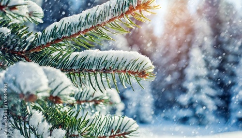 christmas snowy fir tree branches close up winter christmas and winter concept with copy space