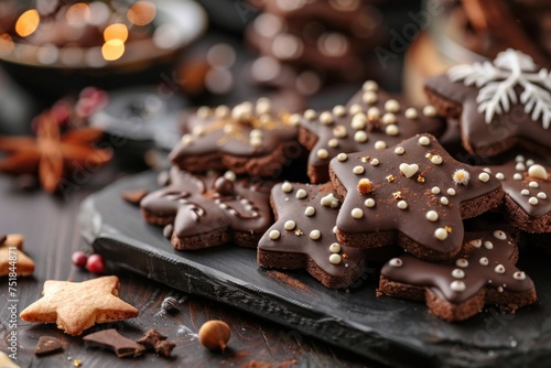  star-shaped chocolate cookies with luxurious icing details is perfect for holiday season advertising for bakeries or as inspiration for a home baking blog post..