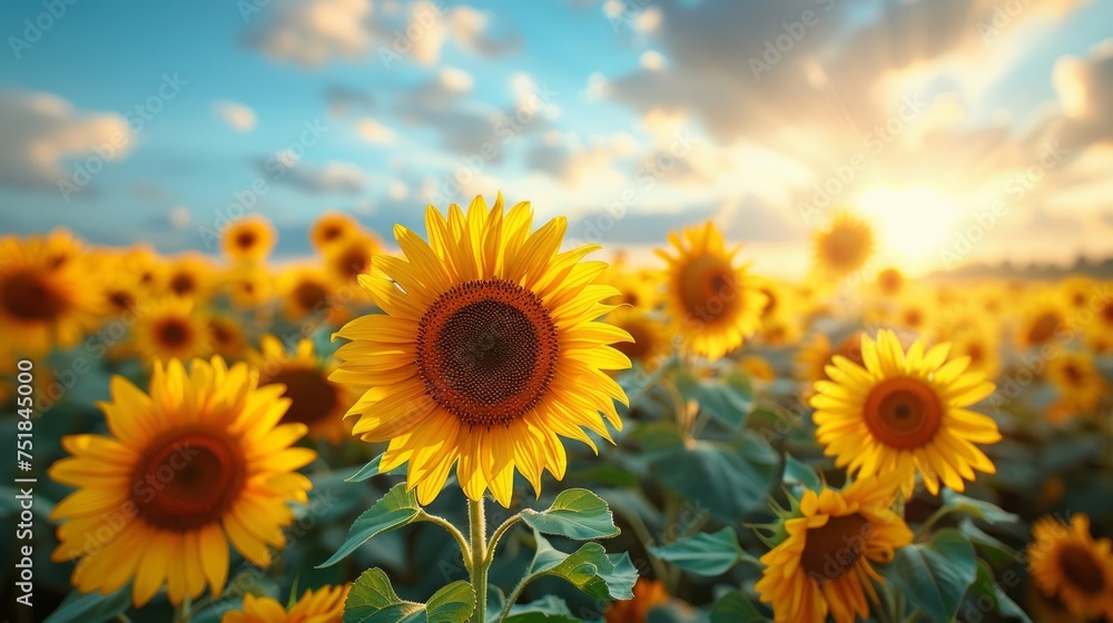 Field of Sunflowers With Setting Sun