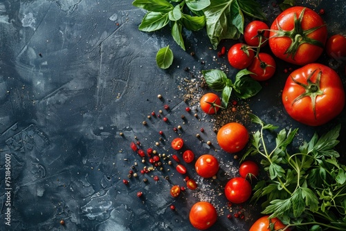 A colorful assortment of fresh tomatoes and herbs, an ideal image for a cooking class flyer or a vegetarian cookbook focused on farm-to-table recipes..