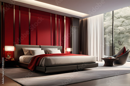 Red-Hued Retreat: Bedroom Bathed in Serene Crimson Tones