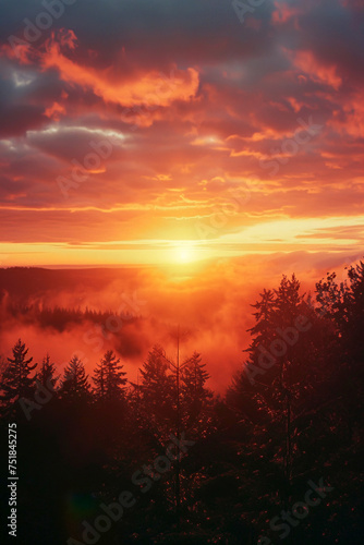 Golden sunset under beautiful landscape of mountain forest with fog. Vertical image