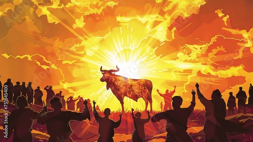 Silhouette of the golden calf being worshiped by the Israelites photo