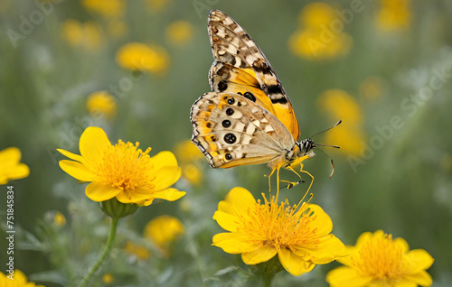 Yellow cosmos flowers and butterfly 