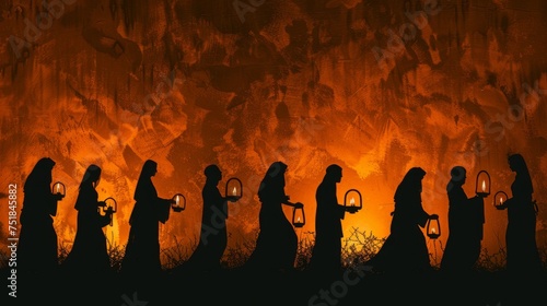 Silhouette of the parable of the ten virgins waiting with their lamps photo