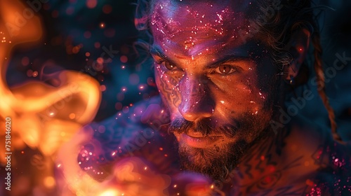 Mystical Tattooed Man Conjuring Celestial Flames in a Vibrant Cosmic Display © Carmelo