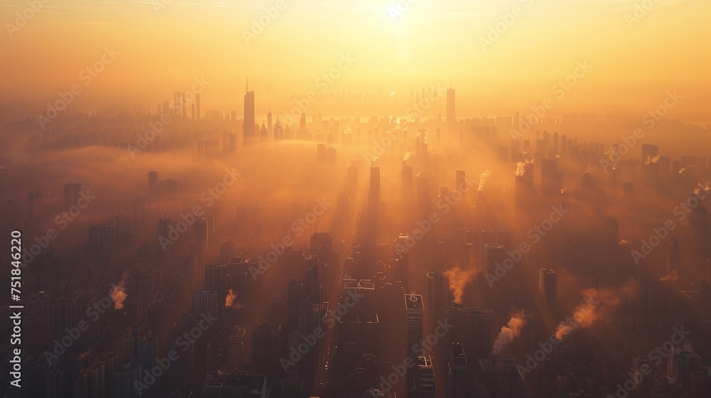 Distant View of a Polluted Cityscape Shrouded in Smog at Daybreak