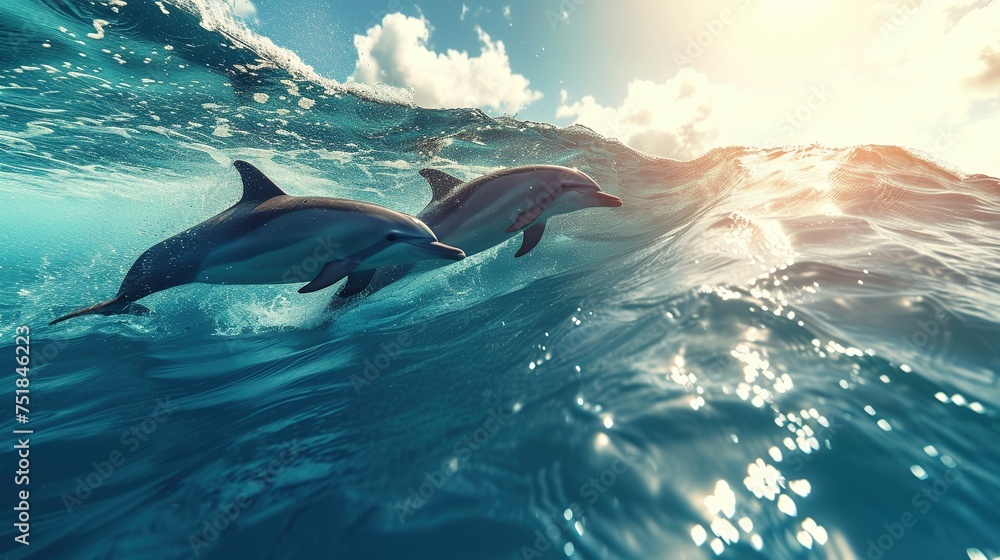 Naklejka premium Graceful Dolphins Leaping Through Sunlit Waters at Sunset