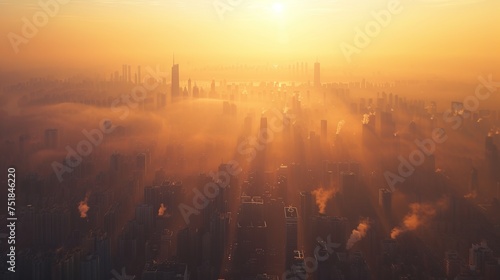Distant View of a Polluted Cityscape Shrouded in Smog at Daybreak