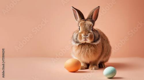 A cute fluffy easter rabbit with an easter egg on a peach fuzz background. AI Generated. © Gabriel