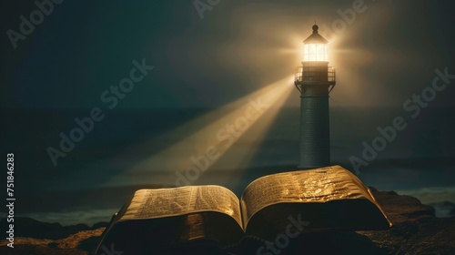 Silhouetted Bible with a lighthouse beam pointing towards it photo