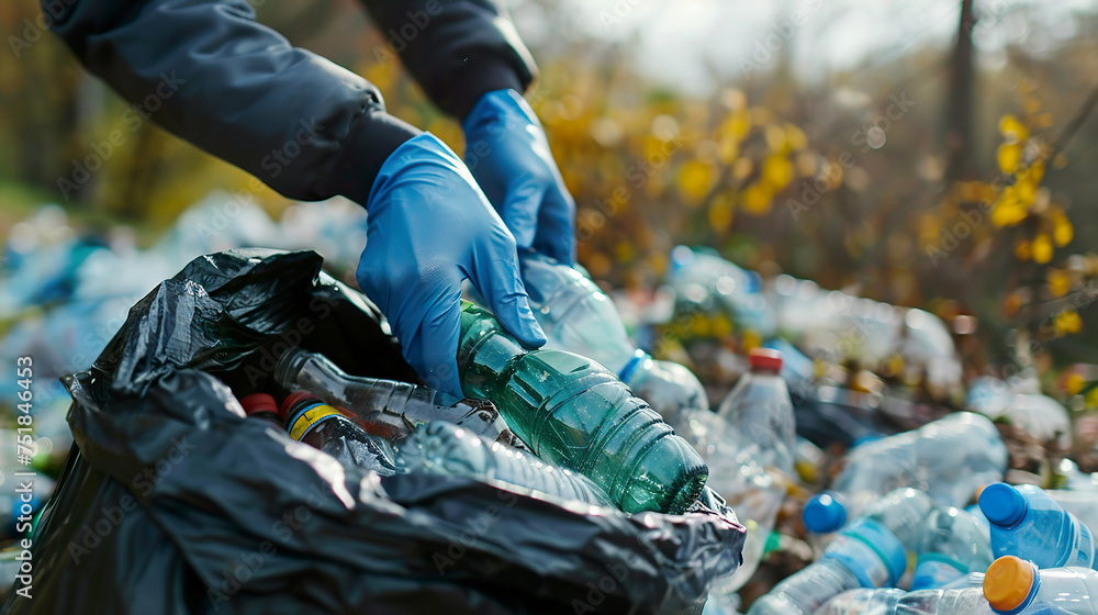 Close-up of a man collecting trash and plastic bottles. Man with black trash bag trying to clean a place full of trash. Close-up of a man collecting trash and plastic bottles. Man with black trash bag trying to clean a place full of trash.