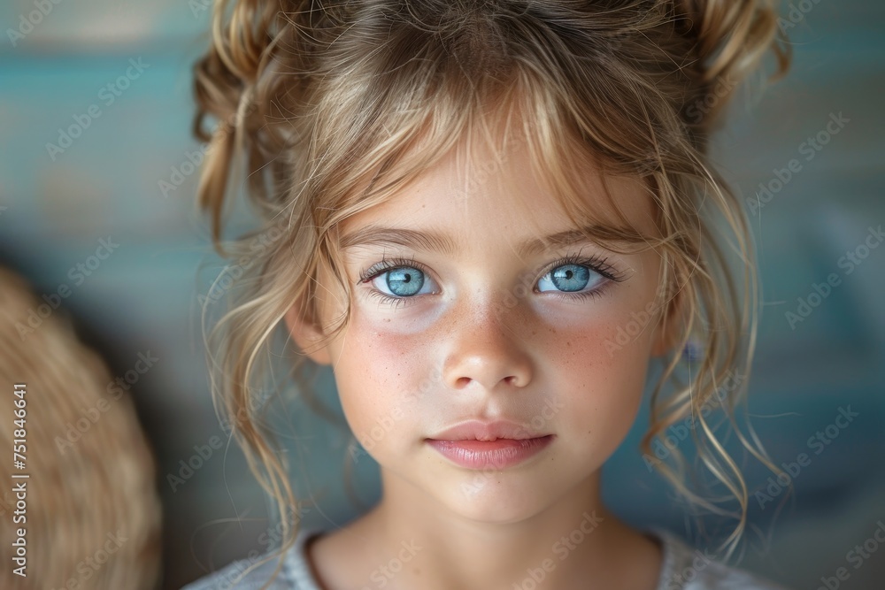 Striking close-up of a young girl's face, showcasing her captivating blue eyes and delicate features against a blurred background Striking close-up of a young girl's face, showcasing her captivating blue eyes and delicate features against a blurred background