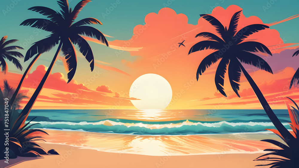 A tropical sunset with colorful palm trees and clouds. Picturesque beach landscape with palm trees