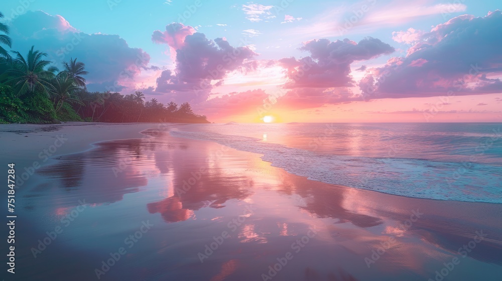 The Sun Sets Over the Ocean on the Beach