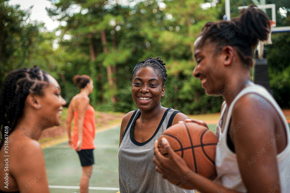 Candid moment of African American young women laughing together on a basketball court, symbolizing friendship and joy. Candid moment of African American young women laughing together on a basketball court, symbolizing friendship and joy.