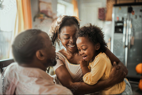 A warm, sunlit scene captures a joyful African American family sharing an affectionate embrace in the heart of their home.