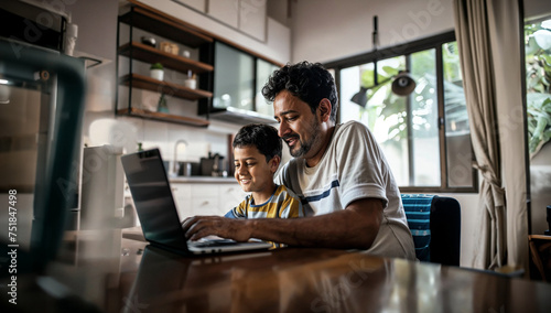 Indian father and young son enjoying bonding time over a laptop at home, engaging in fun and leisure activities.   © InputUX