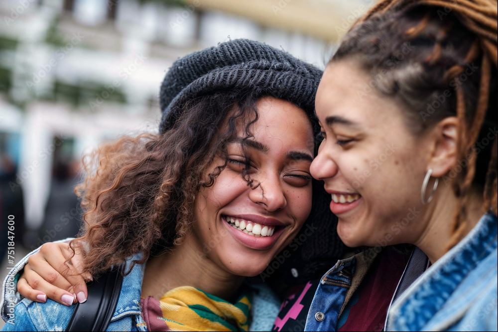 Two young multiethnic women sharing a candid moment of joy, highlighting close friendship and diverse cultural interaction in urban surroundings.
Two young multiethnic women sharing a candid moment of joy, highlighting close friendship and diverse cultural interaction in urban surroundings.